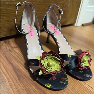 Betsey Johnson Black and Red Floral Heels with Ankle Straps